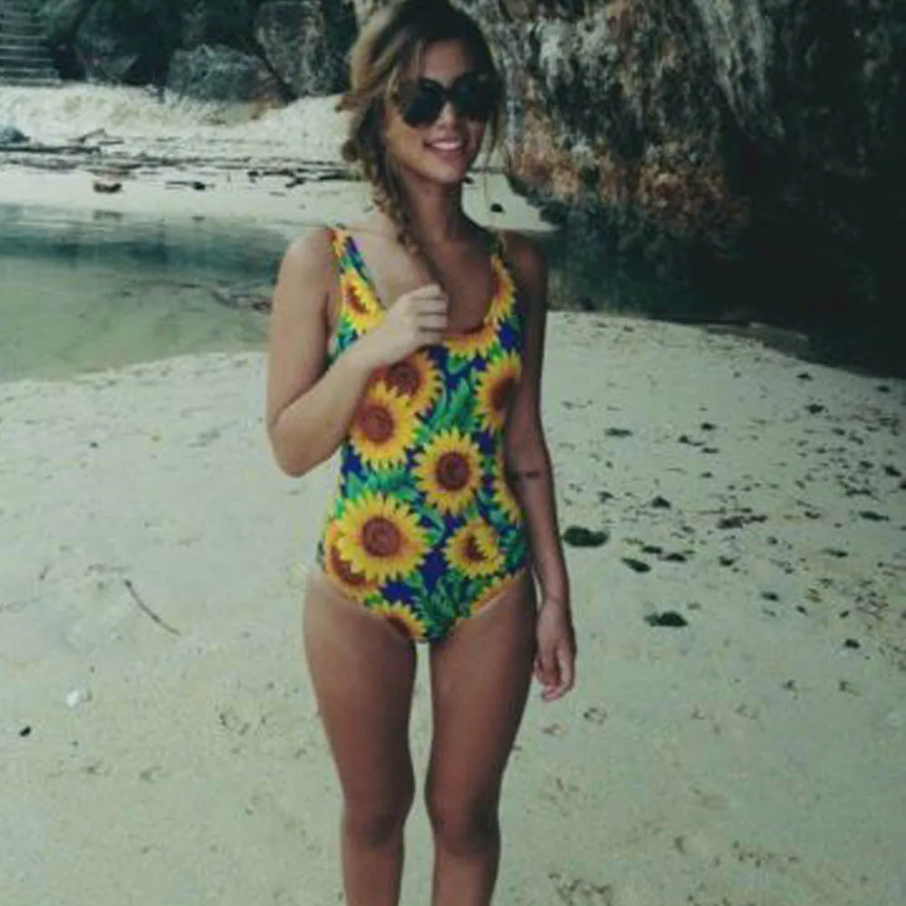 2019 женский купальный костюм с длинными ремешками цельный принтом подсолнуха