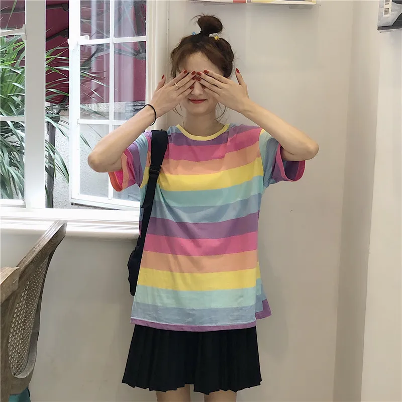 Женская одежда милые радужные полосатые топы ulzzang свободные футболки harajuku с