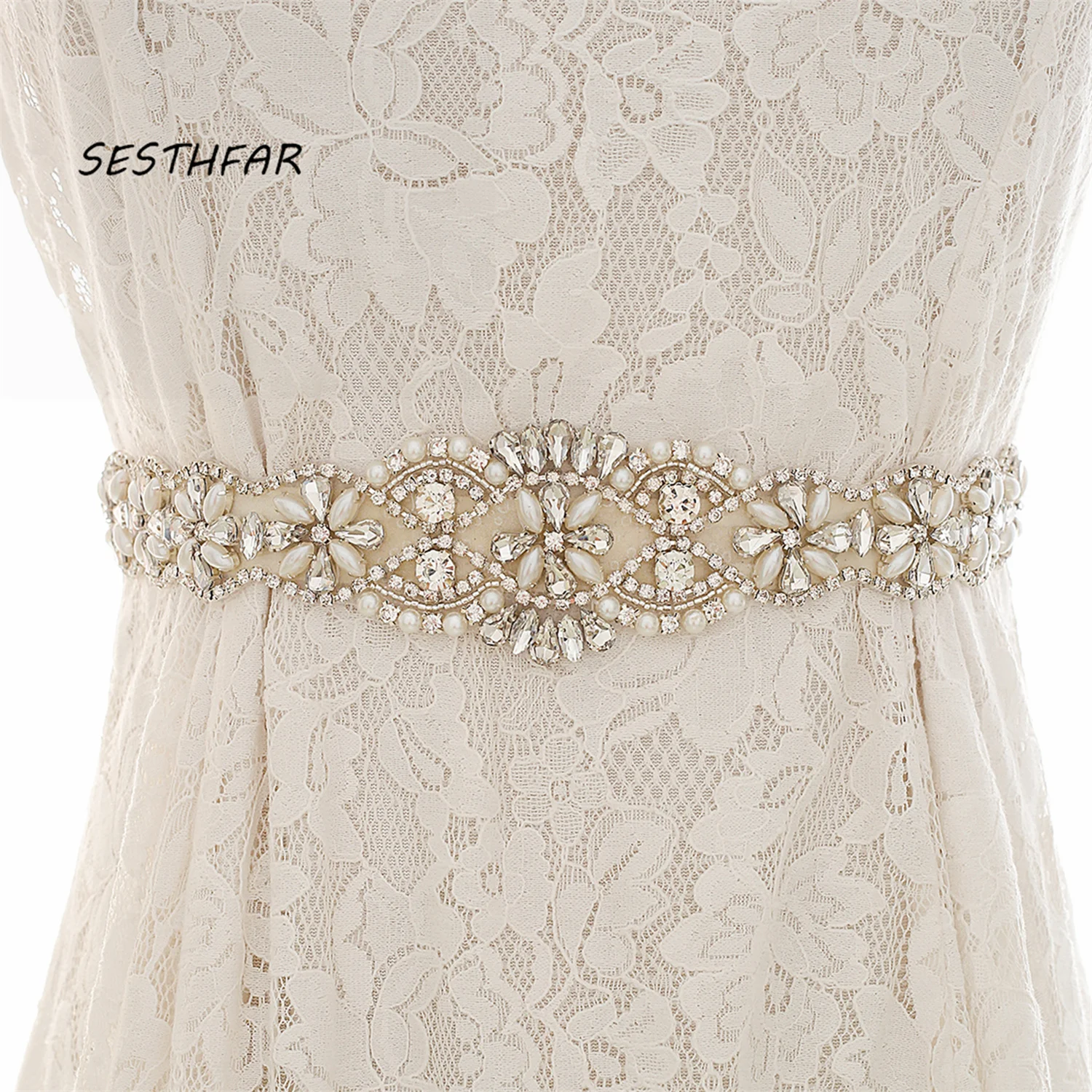 Жемчужный свадебный пояс хрустальный серебряный атласный для свадебного платья