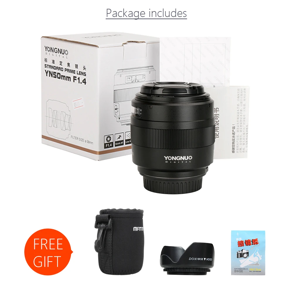 YONGNUO YN50mm объектив F1.4 Стандартный с фиксированным фокусным расстоянием большой