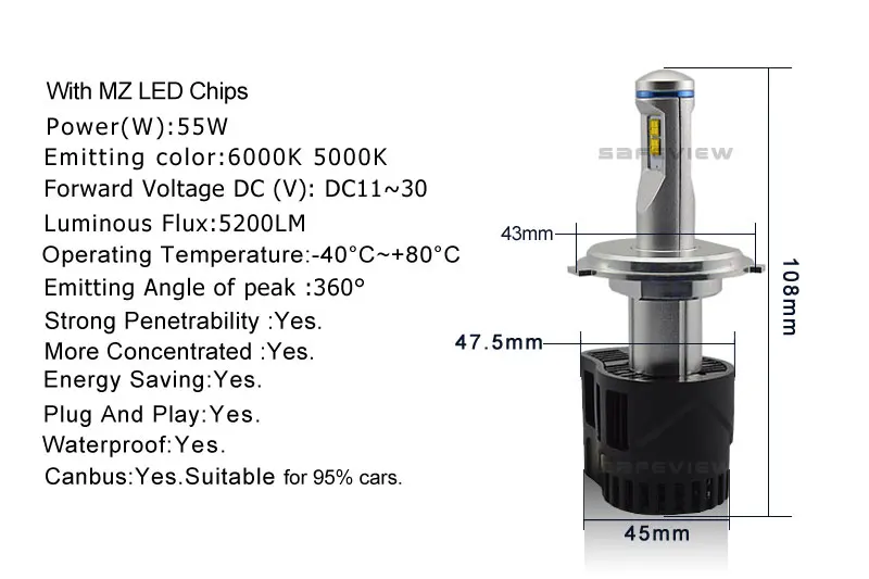 SAFEVIEW H7 H4 9003 светодиодные фары Hi/Lo луч 6000K 55W 5200LM автомобильные лампочки Фары чистый белый свет высокой мощности 12V 24V