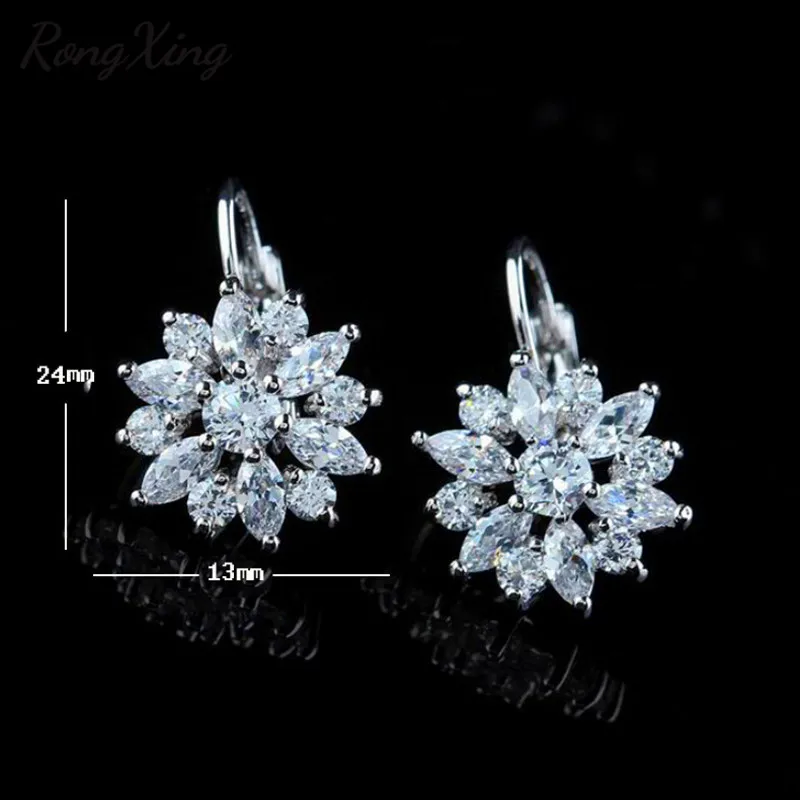 RongXing Shining White Snowflake Hoop Earrings For Women Silver/Gold Filled Marquise Cut Stone Zircon Birthstone Gifts | Украшения и