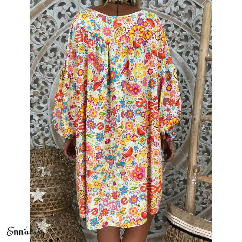 Women Long Sleeve V Neck Floral Mini Dress Kaftan Party Cocktail Baggy Sundress | Женская одежда
