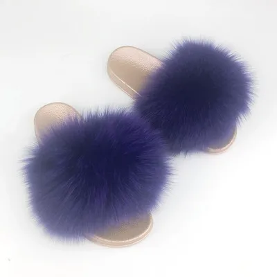 Dark Purple Сезон лето-осень; женские модные домашние шлепанцы с натуральным лисьим мехом; шлепанцы наивысшего качества с золотой подошвой из пвх; VS1015 - Цвет: Dark Purple