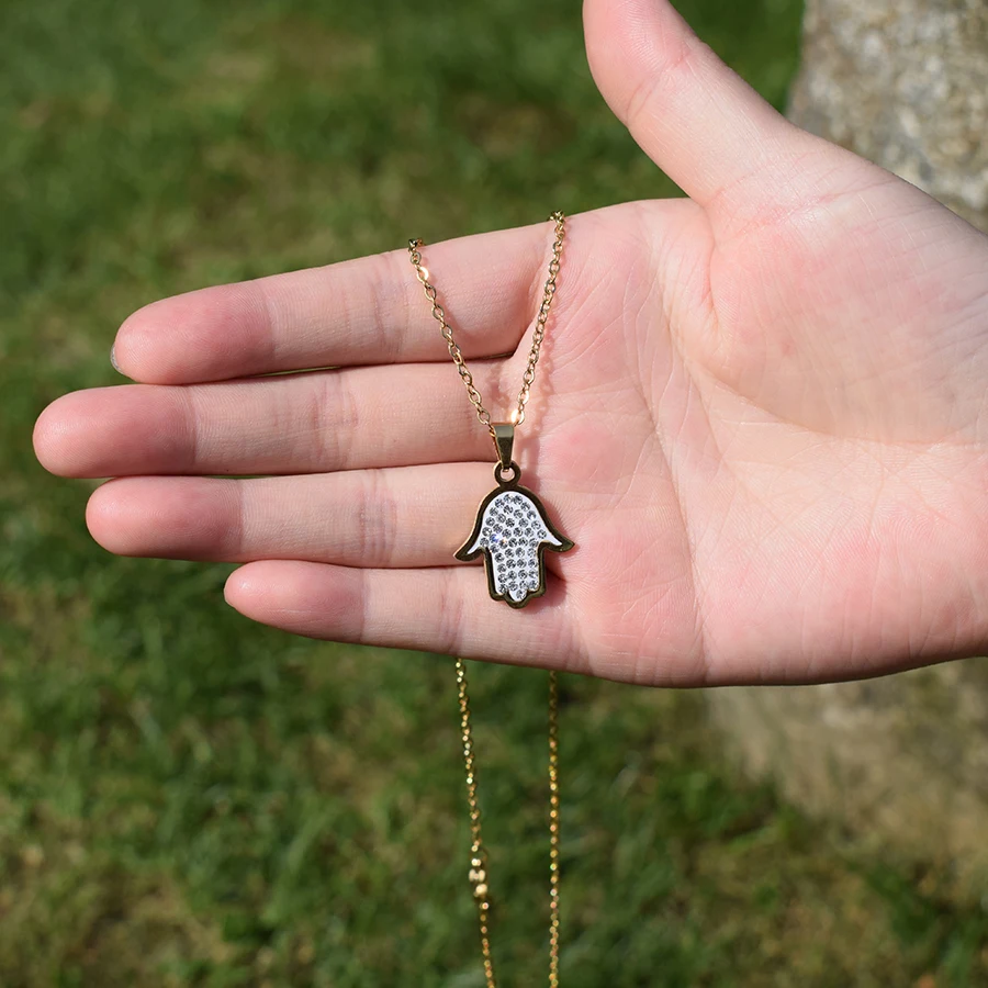 

Trendy Hand of Fatima Crystal Necklace Women Stainless Steel Gold Silver Color Necklaces & Pendants Charm Jewelry