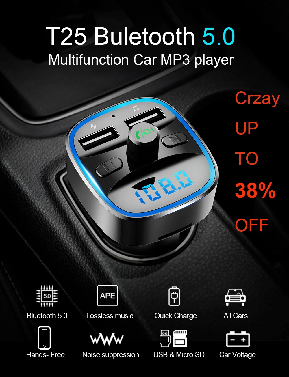 

Bluetooth FM-передатчик Siparnuo, FM-модулятор, Bluetooth-передатчик, автомобильный трансмиттер без рук, Bluetooth QC3.0, 2 USB, Автомобильный MP3 T25