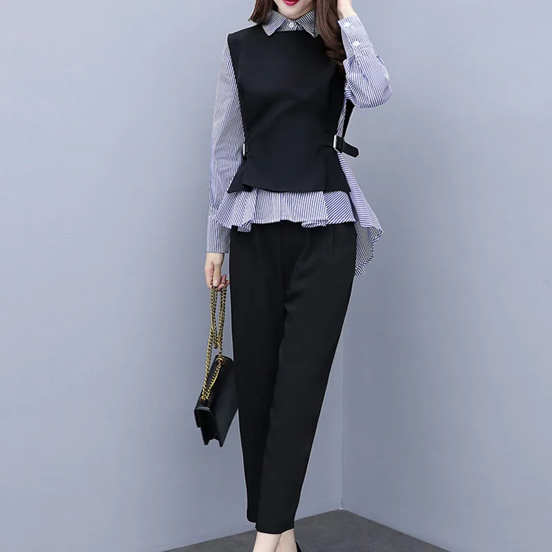 2019 дамы осень новый костюм из двух предметов стиль мода рубашка с кружевным низом