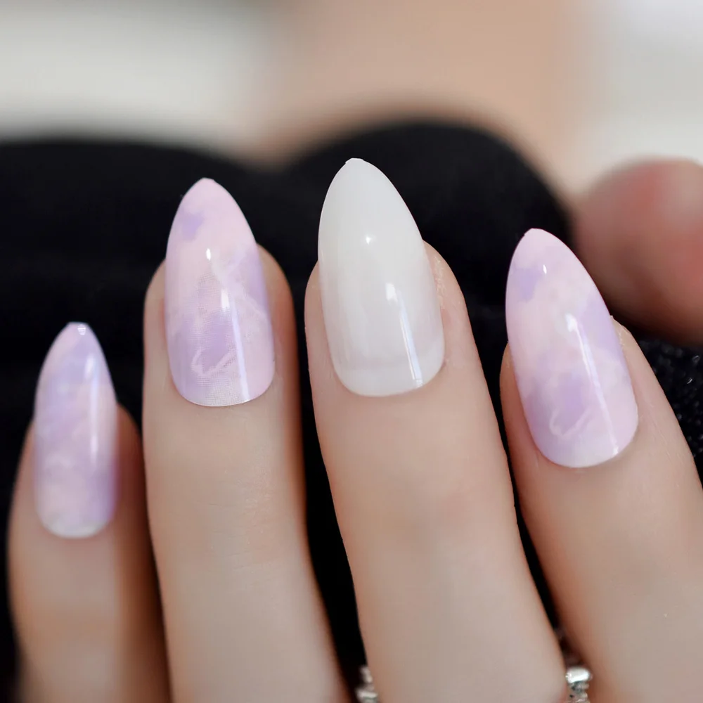 pink purple marble 24 шт, розовый, фиолетовый, белый, Нефритовый, мраморный цвет, поддельные ногти на шпильках, острый верх, искусственные ногти, предварительный дизайн, полностью акриловые накладные ногти - Цвет: pink purple marble