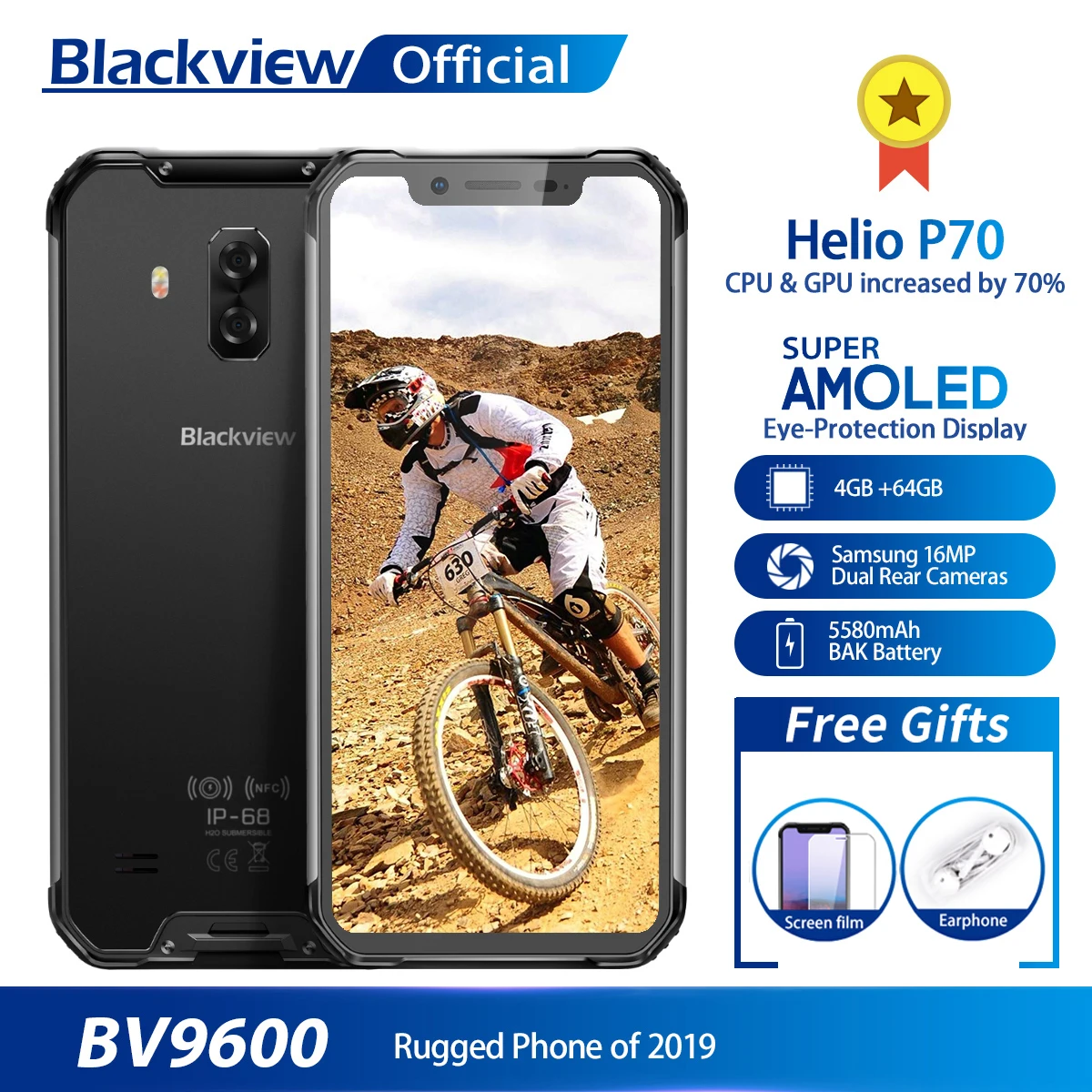 Blackview BV9600 водонепроницаемый мобильный телефон Helio P70 Android 9,0 4 Гб+ 64 Гб 6,2" 19:9 AMOLED 5580 мАч прочный смартфон