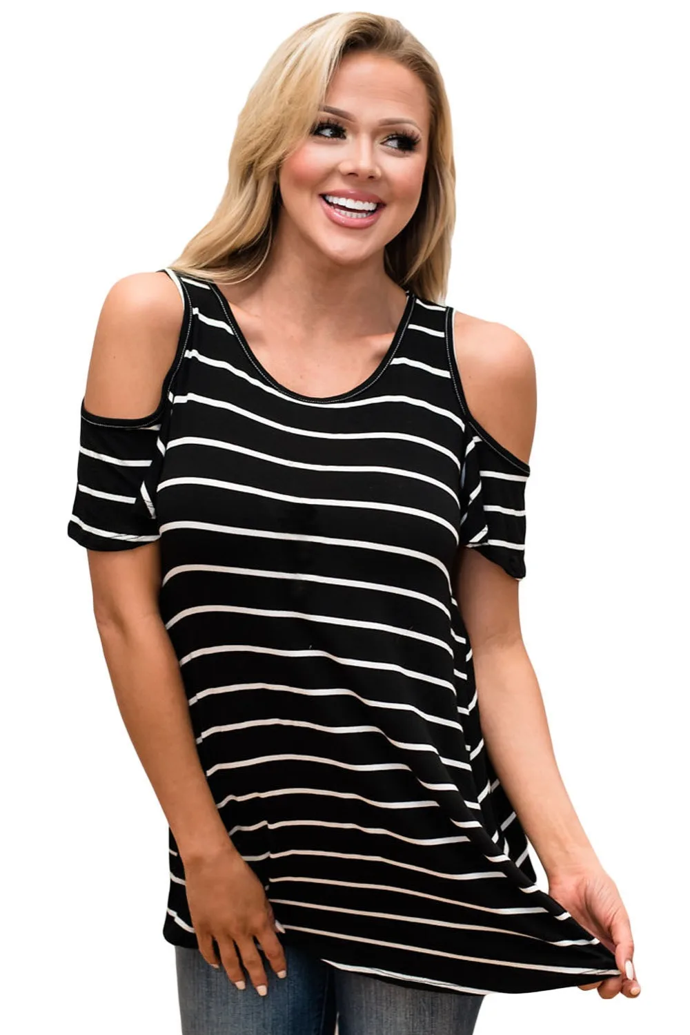 2018 New Arrival Summer Women's Casual Short Sleeve O-Neck White Black Stripe Cold Shoulder Top LGY250192 | Женская одежда