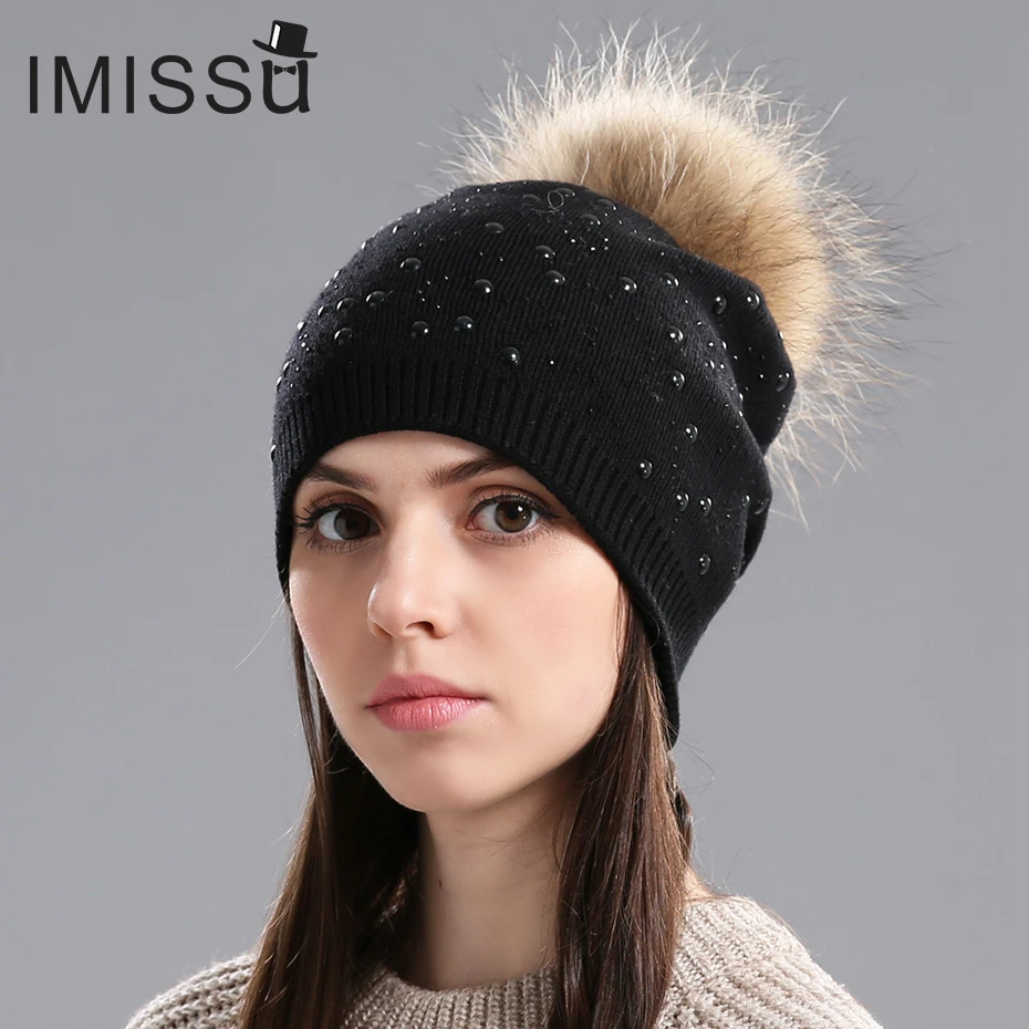 IMISSU Осень Зима Шапочки Шапка женская Вязаная Шерсть Skullies Повседневная Cap с Real Мех