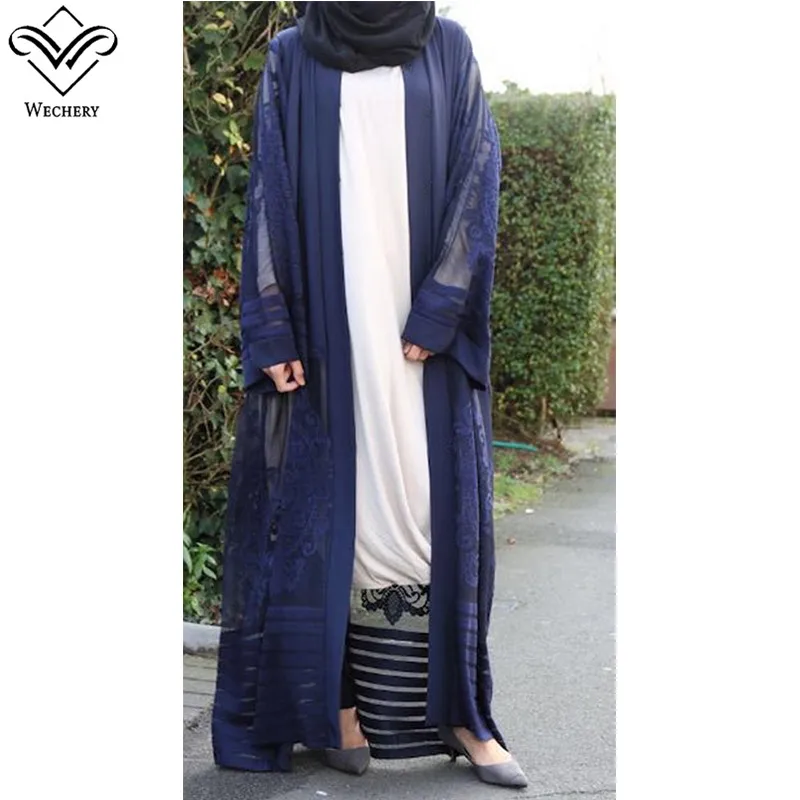 Wechery/модное кимоно abaya с кружевными вставками, Длинное свободное мусульманское платье макси, мусульманская одежда с цветочным принтом, открытая одежда, большие размеры - Цвет: Синий