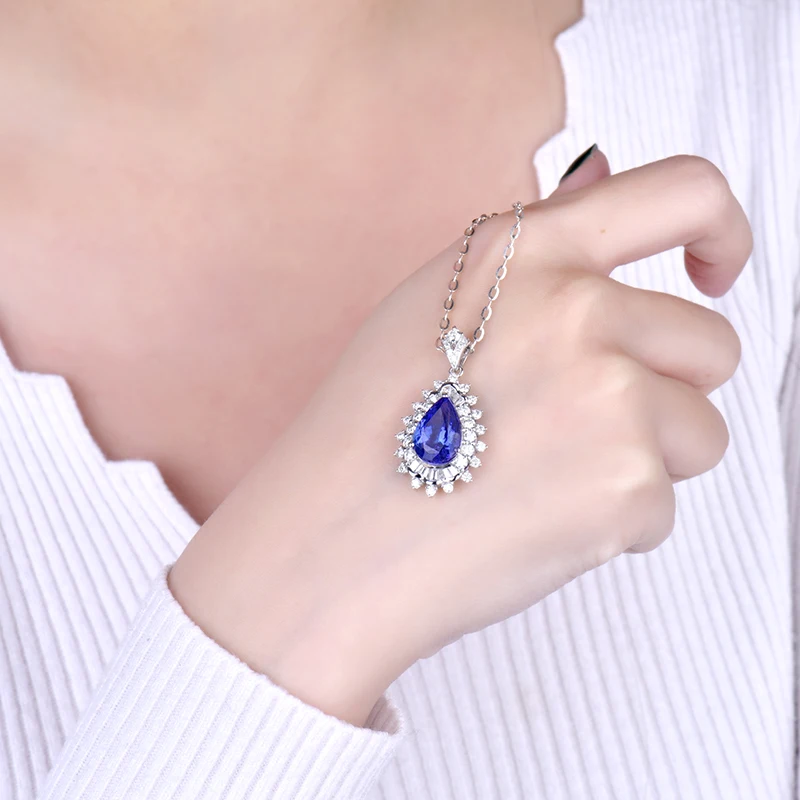 LOVERJEWELRY, женский элегантный кулон, твердый, 18 К, белое золото, голубой танзанит, Свадебный кулон, самоцвет в форме груши, настоящий бриллиант