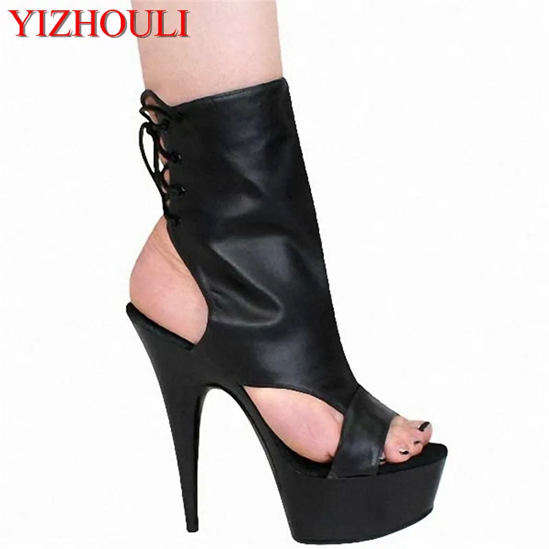 

sexy women's open peep toe boots high heel ankle boots fashion lace-up leather shoes ladies boots 15cm