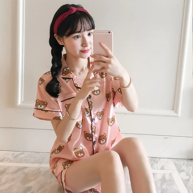 2020 Autumn Women Satin 2 Pieces Pajama Sets Shirts Shorts Pyjama Suits Female Sweet Cartoon Print Button Up Homewear Nightwears | Женская