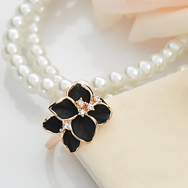 Hot Sale Rose Gold Color Delicate Crystal Black Enamel Flower Female Ring Elegant Charm Quality Wedding Jewelry Accessories | Украшения и