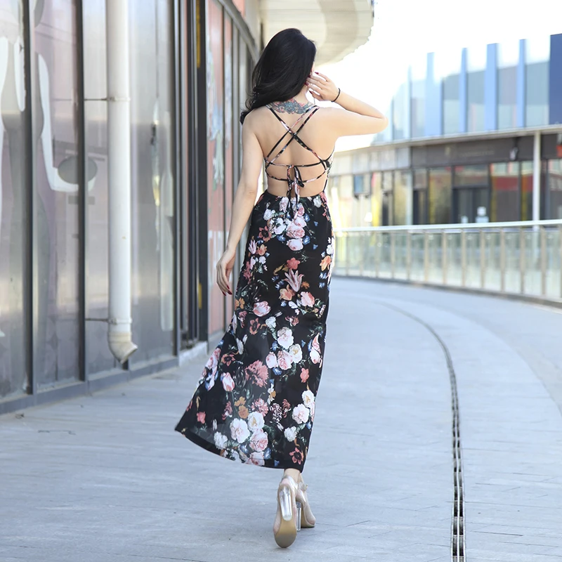 Летнее платье из шифона с цветочным принтом очень сексуальное длинное без