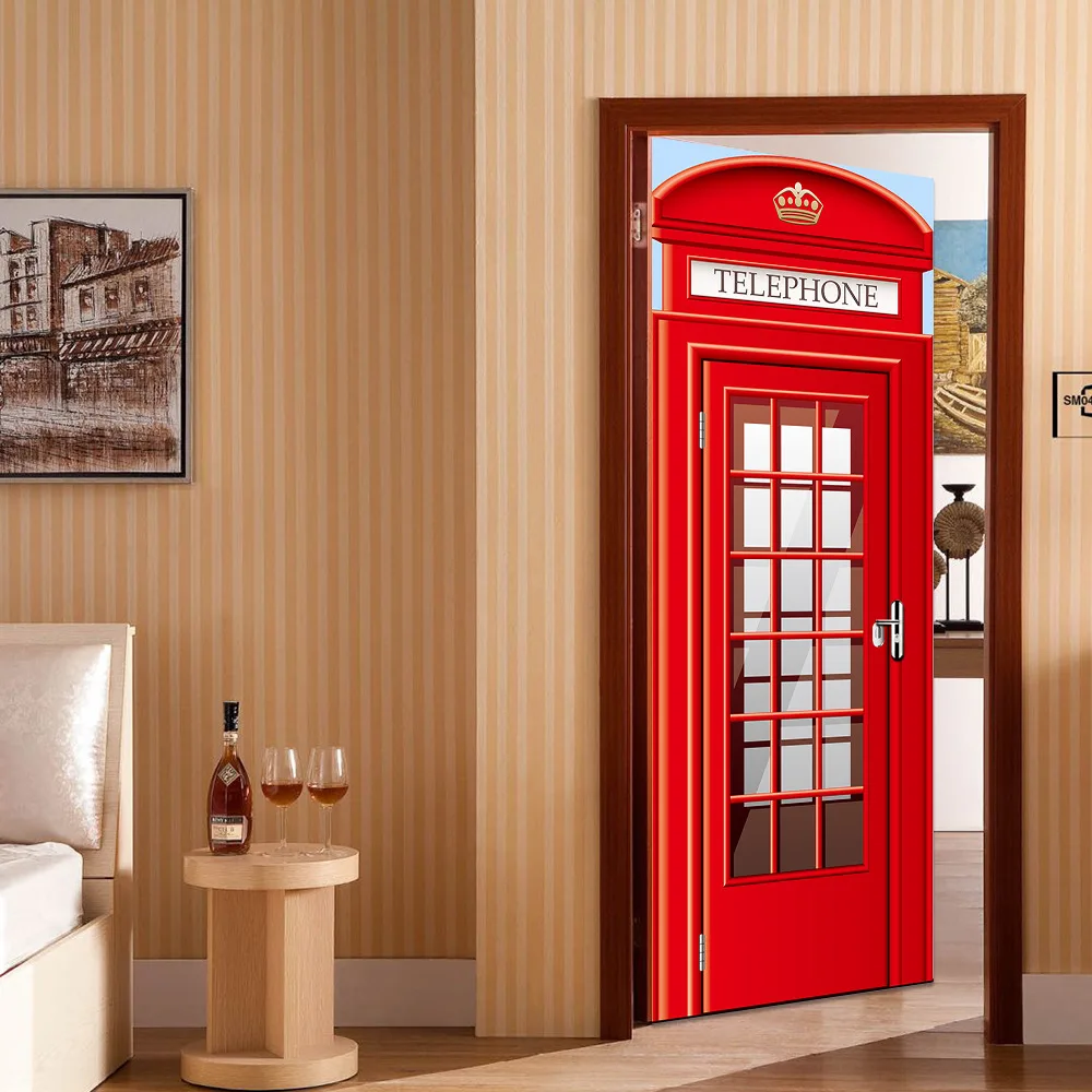 

Hot European Telephone Booth Dormitory Living Bedroom Home House Room Wall Decal Door Stickers Wallpaper Home decoration Supply