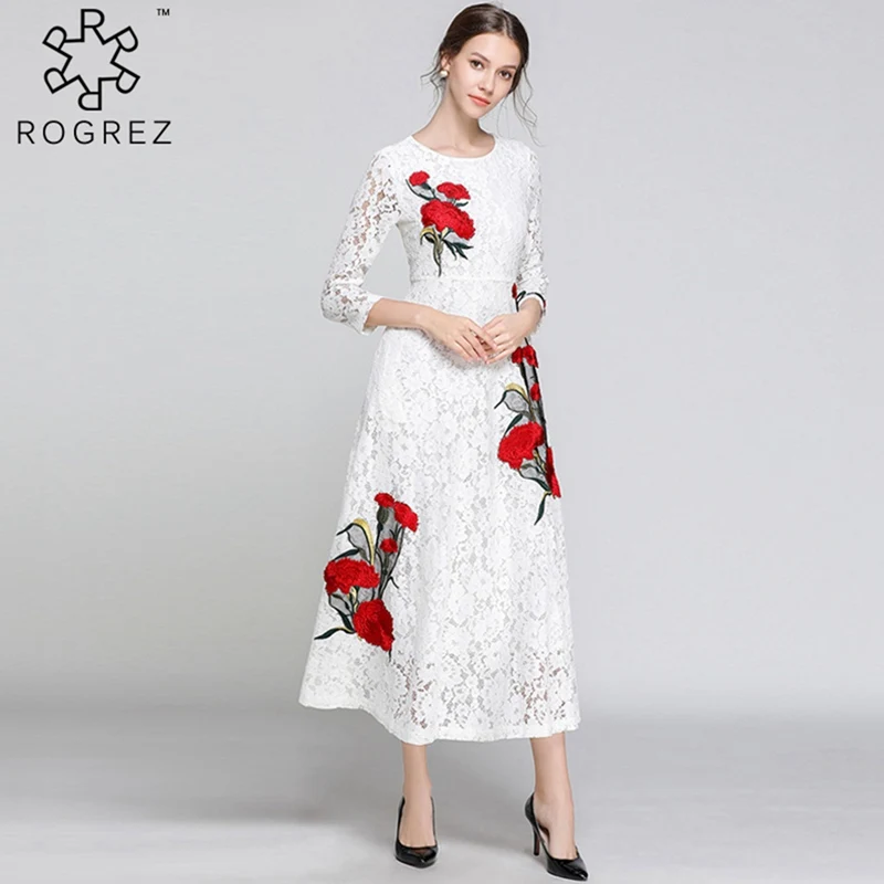 ROGREZ демисезонный элегантный Steetwear цветочный Вышивка для женщин кружево платье
