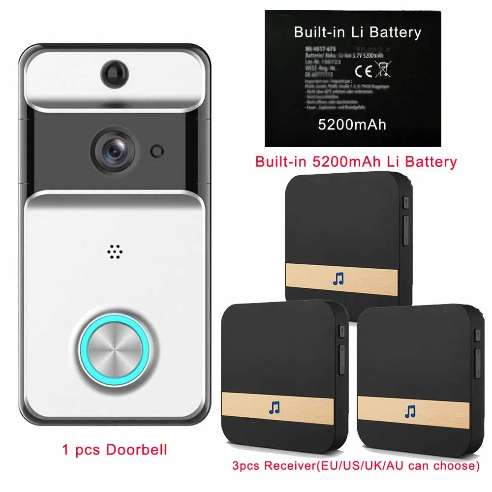 With 3 Receiver CDYCAM IP53 водонепроницаемый беспроводной дверной звонок Wifi видео домофон камера с 5200 мАч батареей EU/US/AU/UK штекер внутренний звонок - Цвет: With 3 Receiver