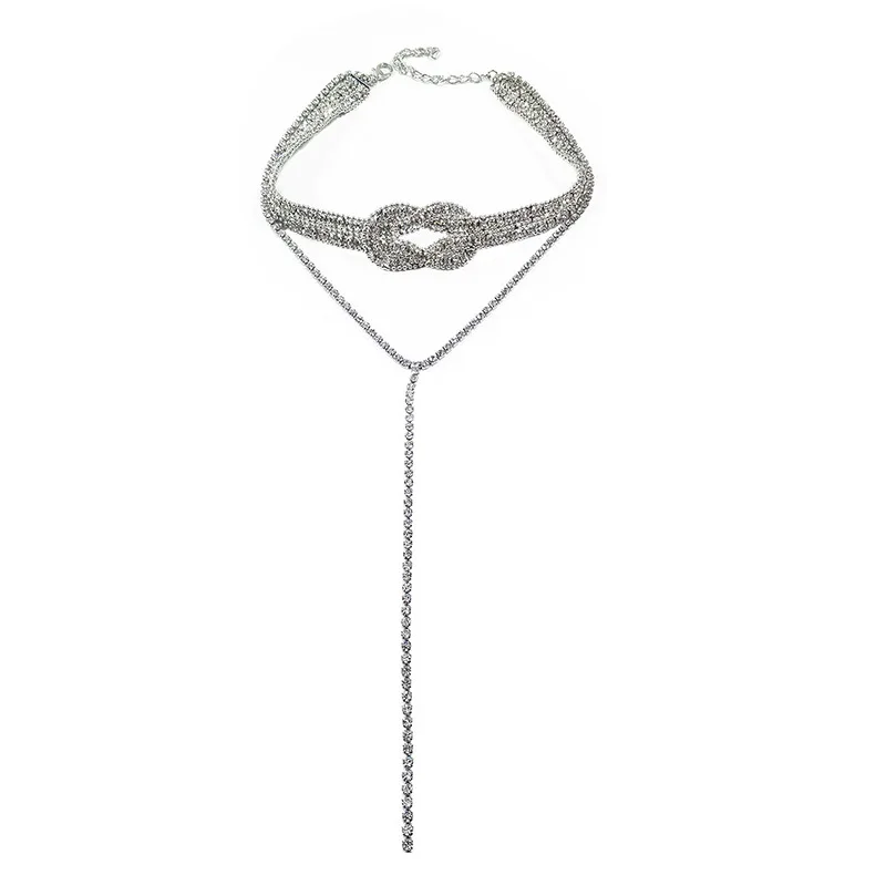 Серебряный Цвет кнопка Полный Чокер-подвеска со стразами для женщин Bijoux Длинные