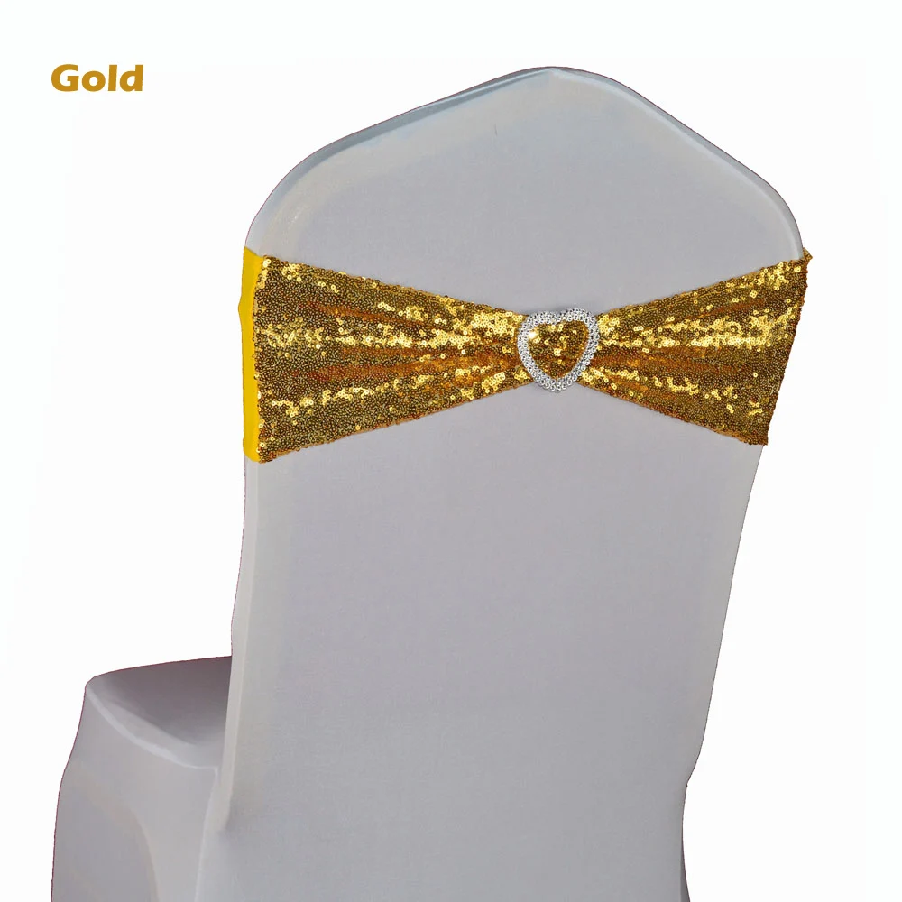 New Arrival 50pcs/lot Gold/Silver Wedding Party Decoration Heart Buckle Stretch Lycra Sequin Chair Sash Band Back Cover  Дом и