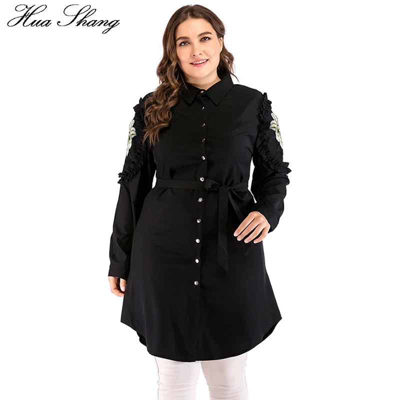 

Black Women Shirt Plus Size 5XL Elegant Embroidery Floral Long Sleeve Belted Long Blouse Shirts Arabic Female Summer Long Tops