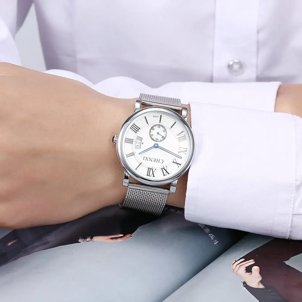 CHENXI серебро Бизнес часы Для мужчин римскими цифрами секундомер Календари