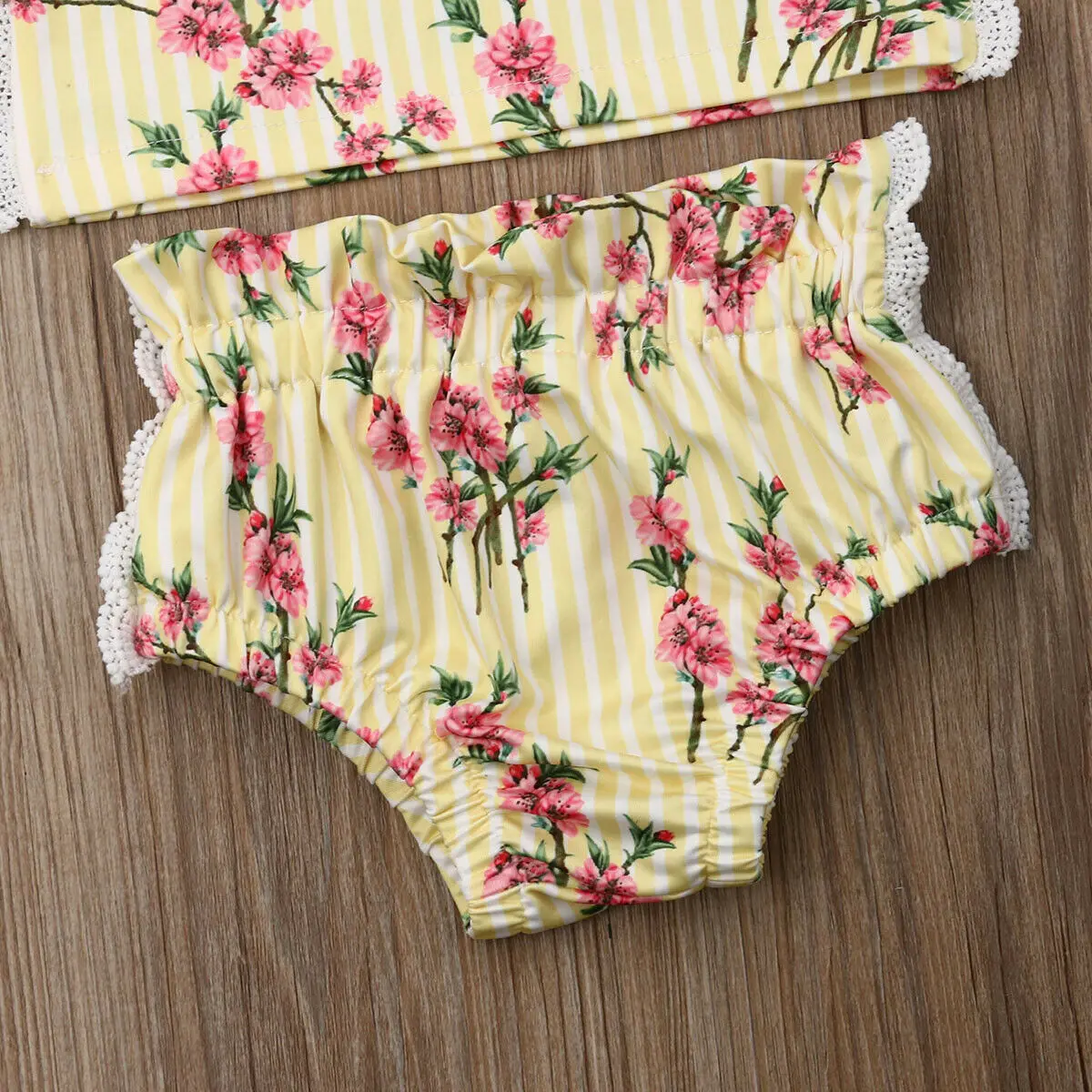 New Infant Baby Girls Top+Pants Lace Vertical Stripe Flowers Outfits Summer Clothes Sets |