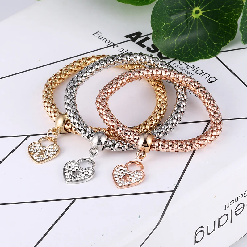 

Bohopan 2019 Rhinestone Heart Pendant Bracelets Bangles Women Exquisite Elastic Bracelets Three-layer Mixed Color Bracelet Set