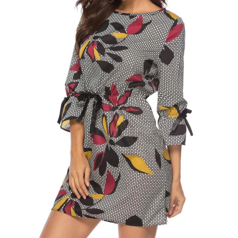 

Spring Autumn New Arrivals OL Lady Colorful Printed Women Chiffon Mini Dresses Plus Size 3/4 Sleeve Elastic Sashes Black Dress