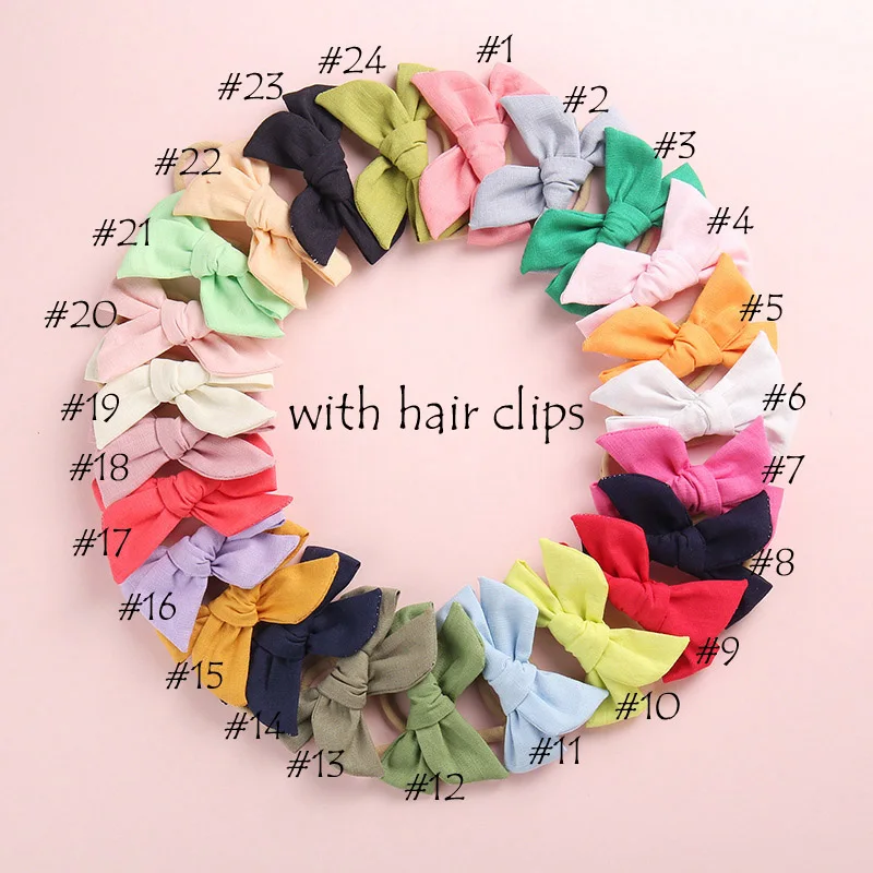with hair clips 24 шт./лот, ручной связали хлопок нейлоновый бант или заколки для волос, сезон: весна-лето тканевый бант повязки на голову, для волос, для маленькой девочки аксессуары - Цвет: with hair clips