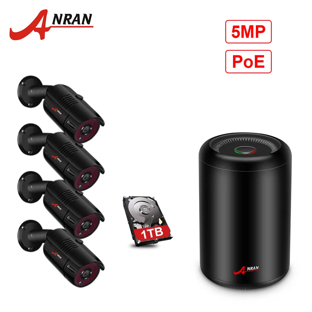 ANRAN камера безопасности Система POE 4CH H.265 NVR 5MP камера безопасности ночное видение HD уличная система видеонаблюдения - Цвет: Черный