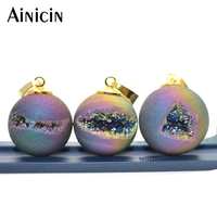 unique big geode natural drusy ball with gold bail pendants rainbow plated fashion women jewelry making findings