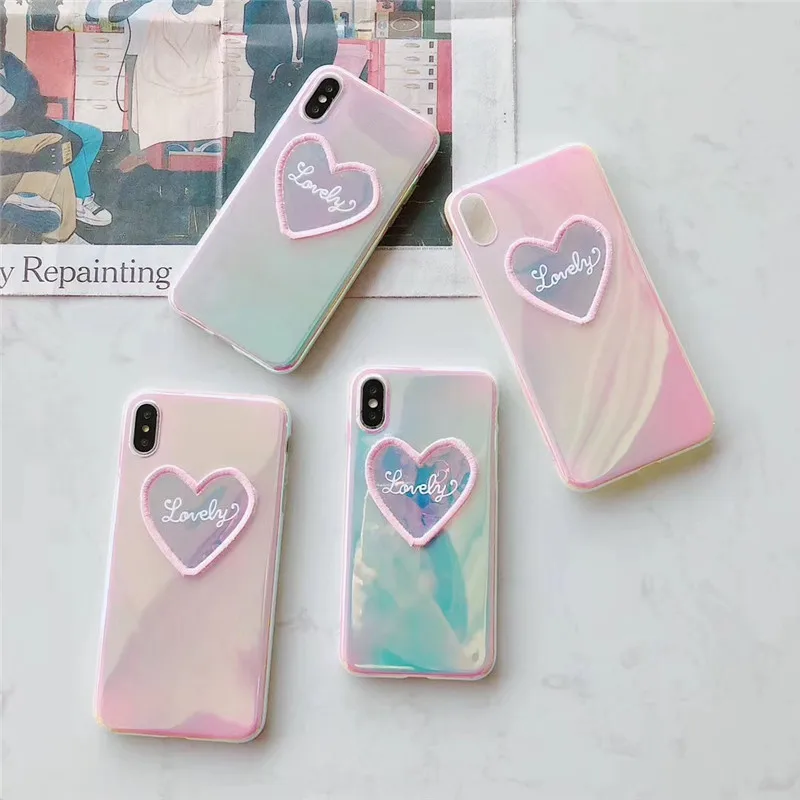 3D embroidery Love heart phone case for iphone 6 6s 7 8Plus shiny Laser soft tpu X XS Max XR cover |