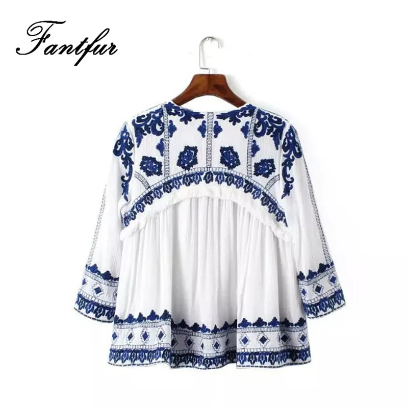 Fantfur Для женщин Boho люди Этническая Вышивка Блузки для малышек Цветочный принт