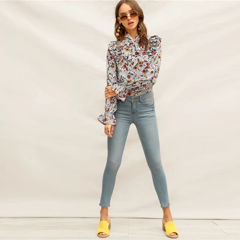 SHEIN Нарядная Блуза С Цветочным Принтом, Блуза С Воротником-Бантом И Длинным Рукавом