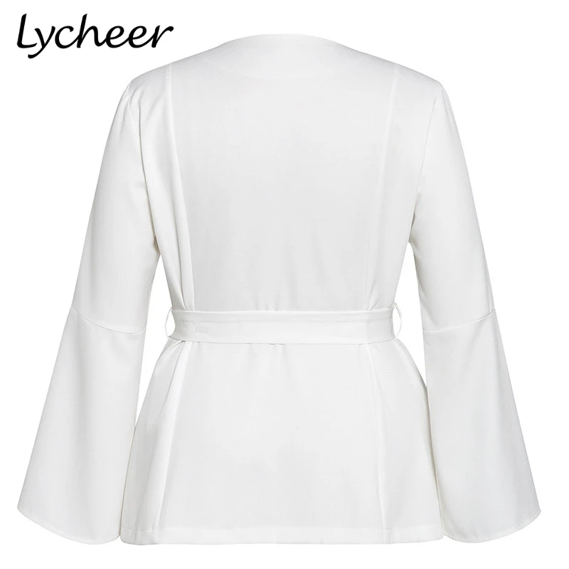 Lycheer, плюс размер, женский белый блейзер, Офисная Женская одежда, пальто, куртка, пояс, модная верхняя одежда, повседневные шикарные топы, однотонный блейзер