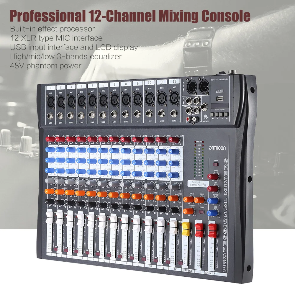 Ammoon 120S USB 12 каналов микрофон линейный аудио миксер пульт XLR вход 3 полосный