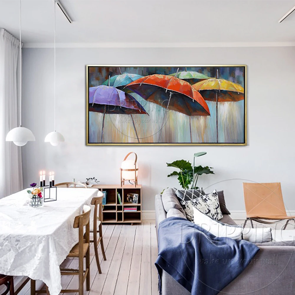 Artist Hand-painted Romantic Rainy Day Colorful Umbrella Oil Painting On Canvas Modern Picture for Bedroom | Дом и сад