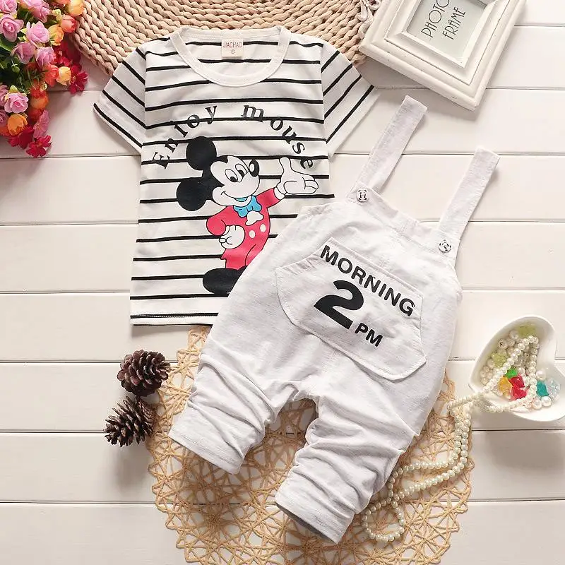Одежда для маленьких мальчиков clothes2019spring Микки Мышь клетчатая футболка с длинными рукавами+ пояс, Штаны комплект из 2 предметов Beibei спортивный костюм костюмы с футболкой для младенцев Костюмы