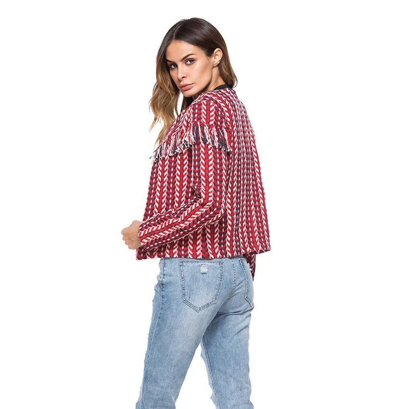 Женская куртка осеннее пальто в полоску с кисточками красная куртка-бомбер