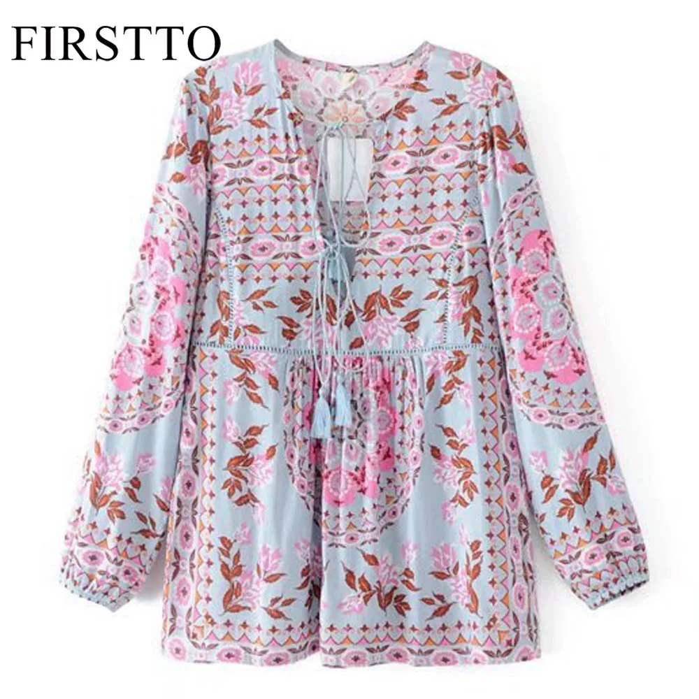 FIRSTTO Этническая цветная Цветочная рубашка с перекрестной шнуровкой