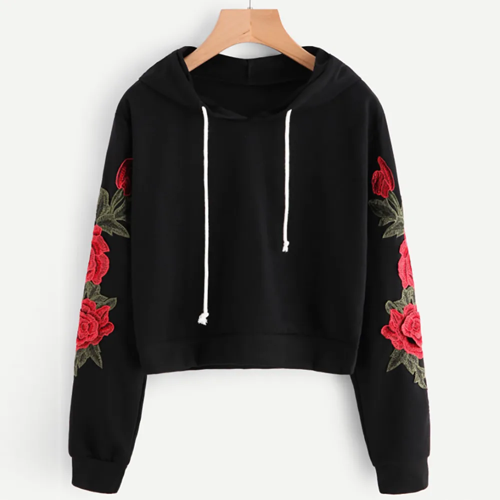 Sudaderas mujer Женская Осенняя черная толстовка с аппликацией пуловер капюшоном и