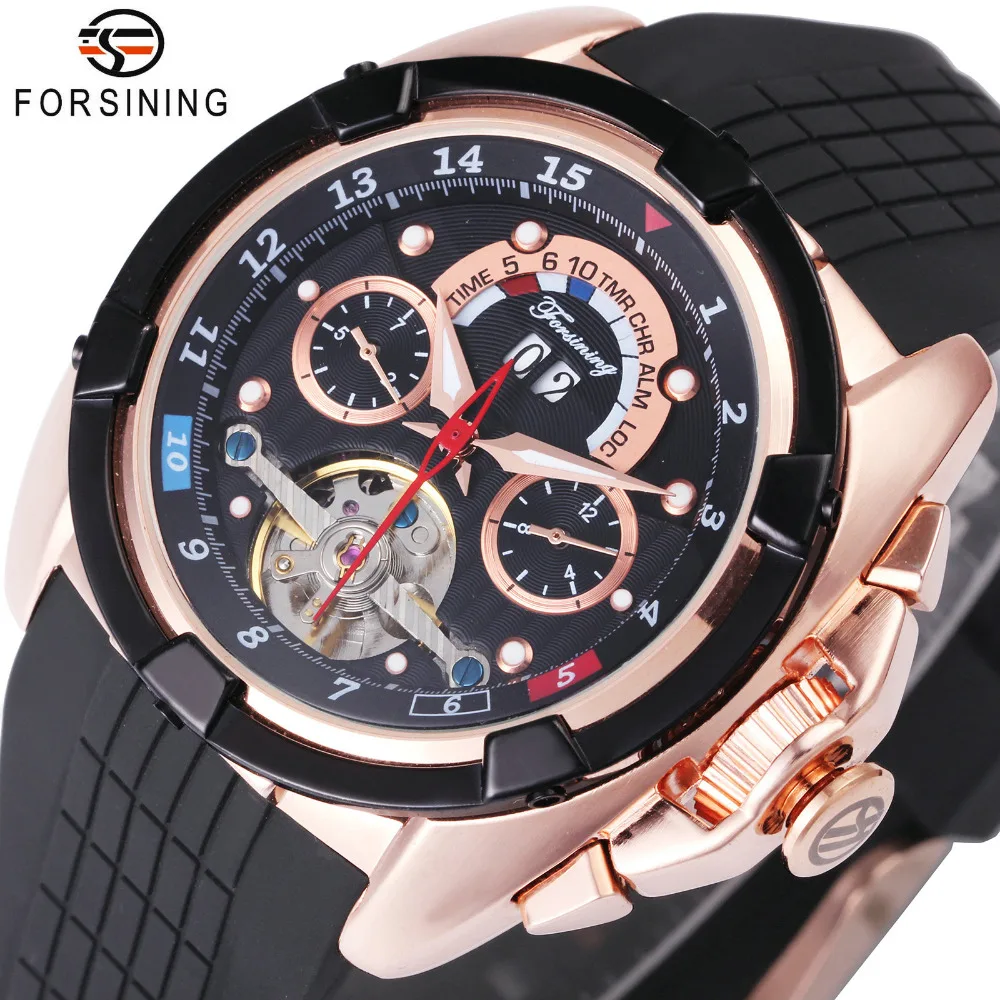 FORSINING Мужские Авто механические часы силиконовый ремешок Круглый Дата