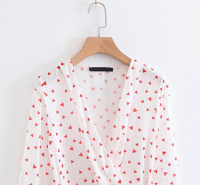 Women Sweet Heart-printed Summer Dress Lady V Neck With Belt Long Sleeve Slim A-line Mini Dress vestido mujer DDWM8792