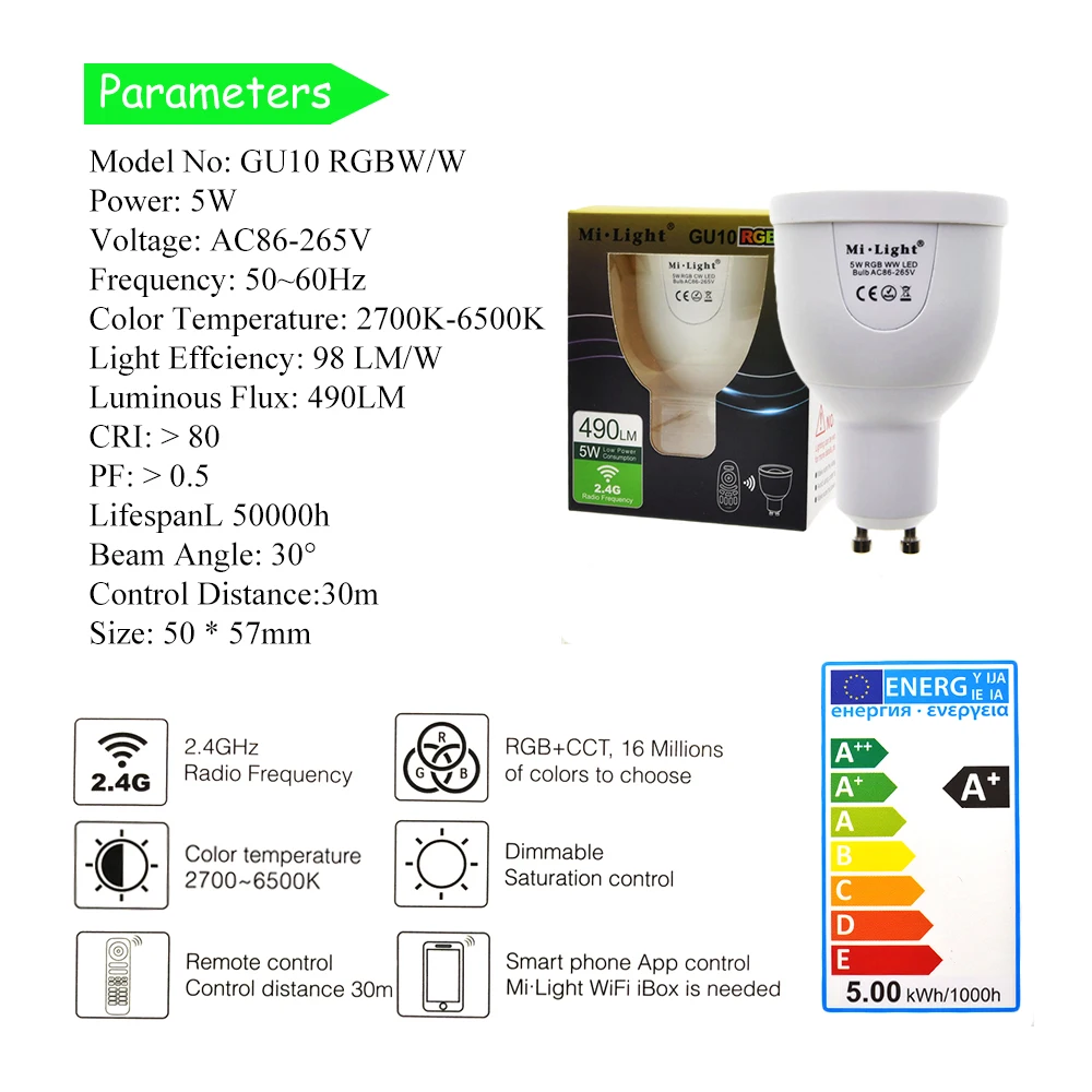 Mi Light RGBWW светодиодная лампочка AC86 265V GU10 5 Вт/E27 6 Вт 9 RGBW / RGBCW умное освещение с