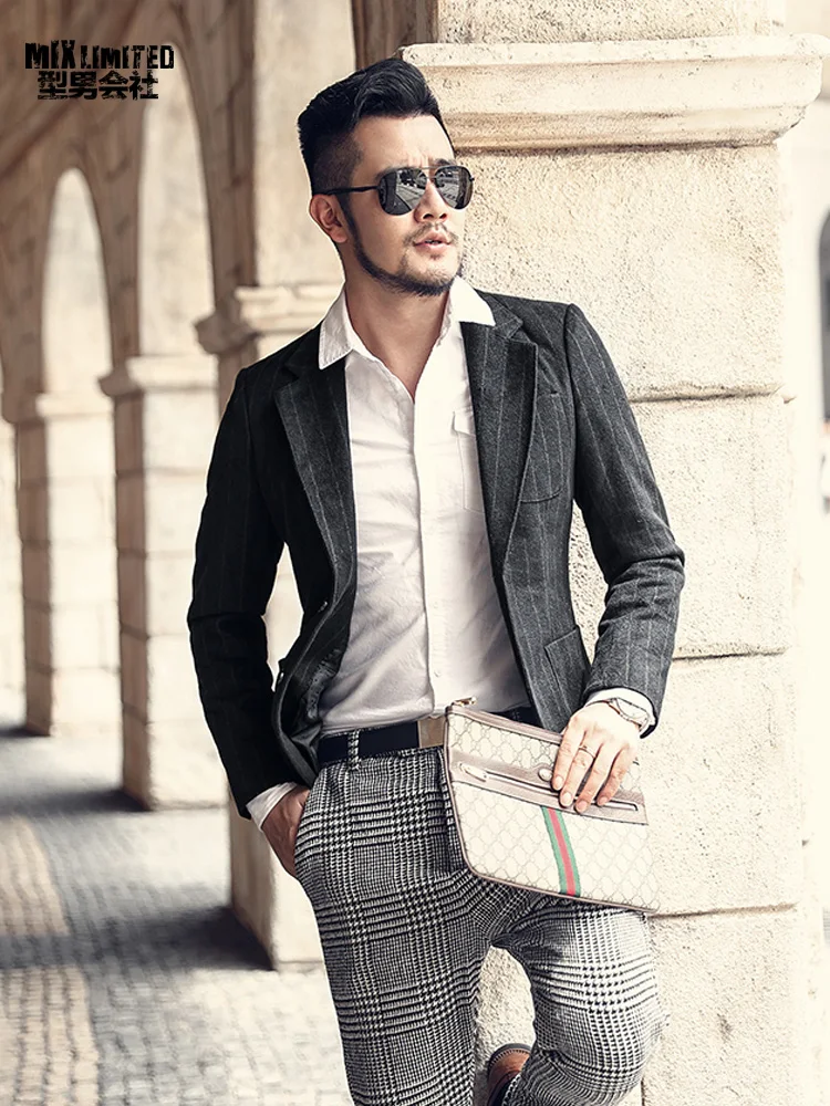 

Men new winter casual woolen stretch vertical stripe dressed suits Mens striped business slim England style blazer suits