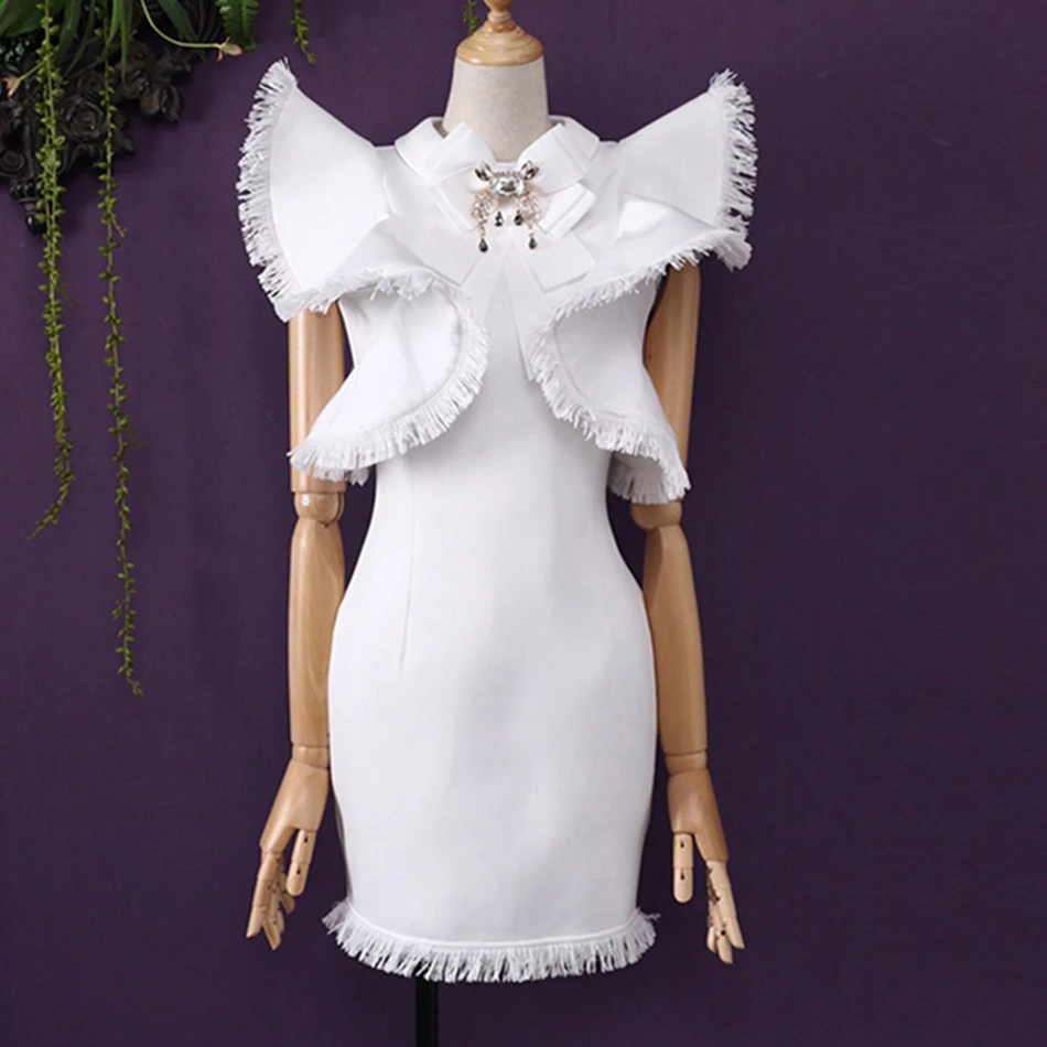 Летнее женское белое вечернее платье знаменитостей vestidos Verano, сексуальное черное мини облегающее Клубное платье без рукавов с оборками и бахромой