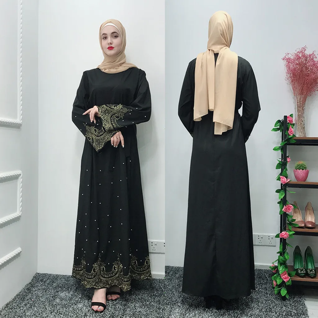 Мусульманское платье женское черное элегантное ажурное длинное халат открытый